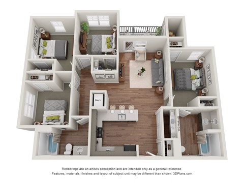 Floor plan for 4 beds, 2 baths, 1113 sqft